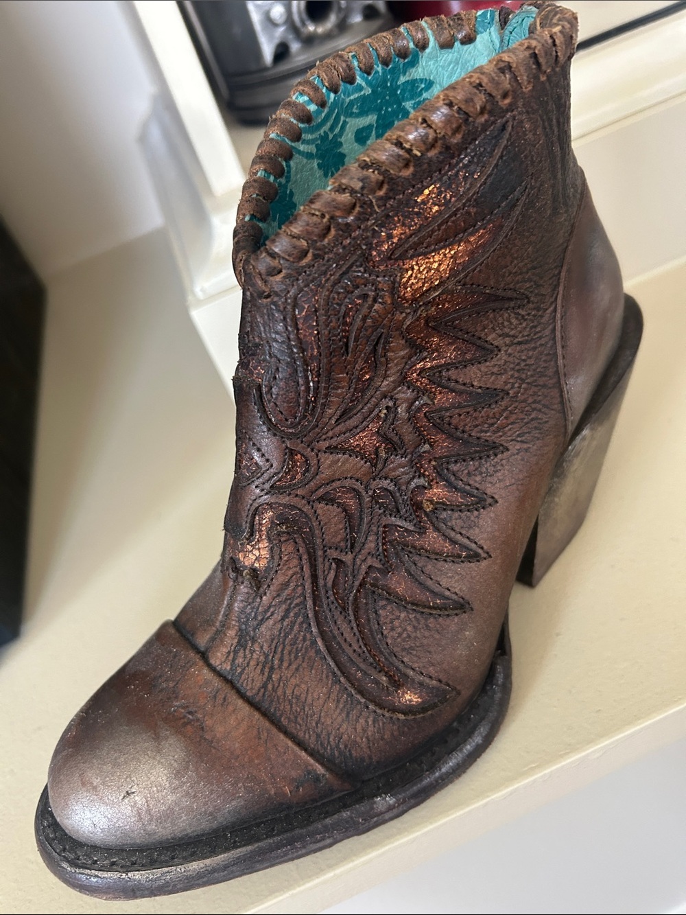 Women's Brown Leather Western-Inspired Ankle Booties with Teal Lining